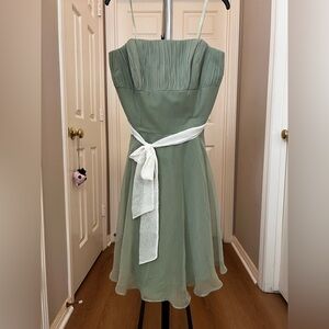 Mori Lee Sage Green Strapless Chiffon Dress with White Sash